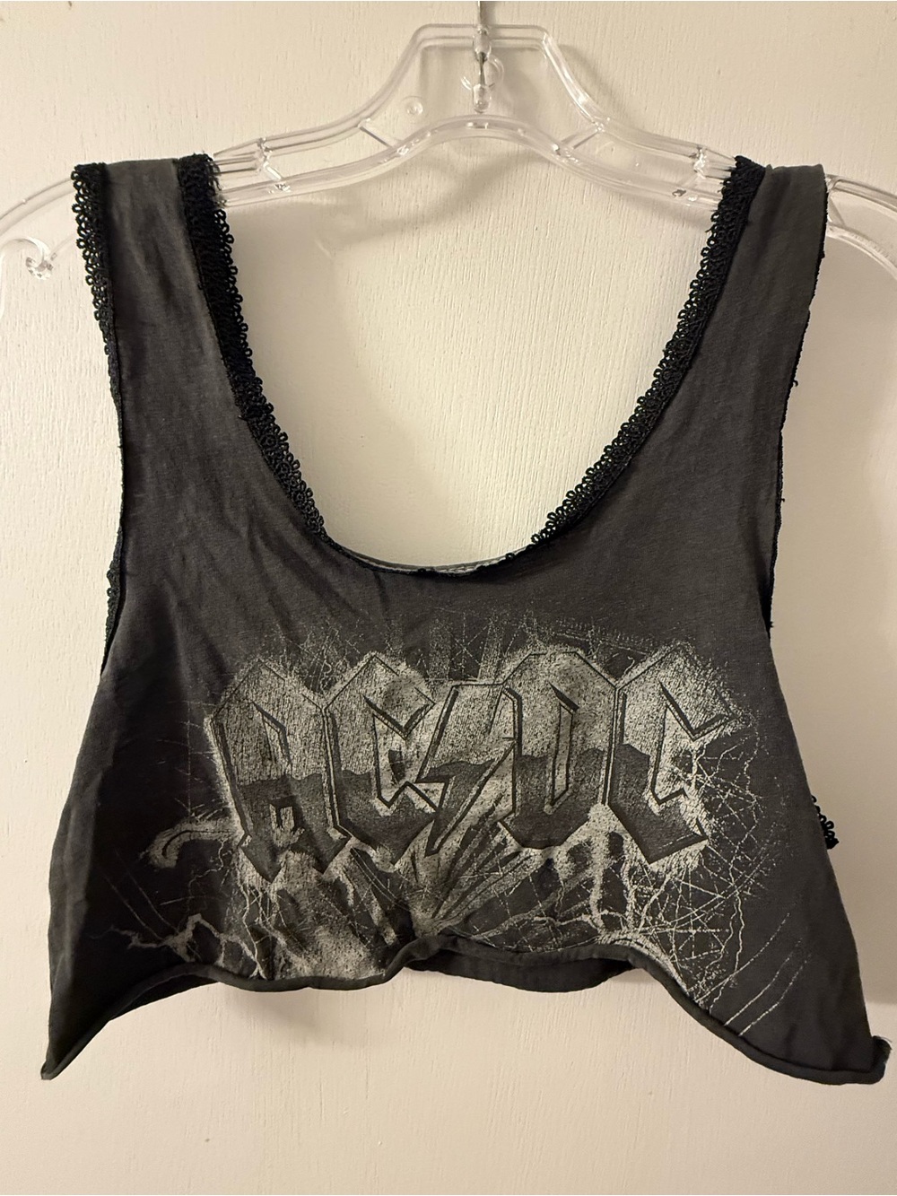 AC/DC off Black Graphic Cropped Tank with Lace Trim